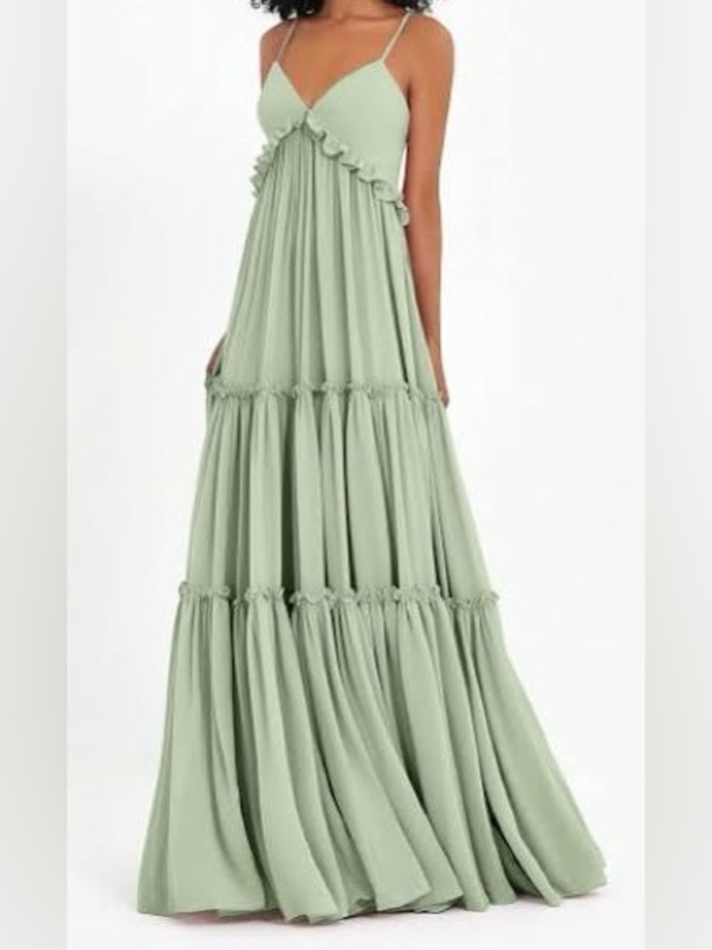 Kanali K wedding/evening or Baby shower Olive Green Ruffle Tiered Maxi Dress
